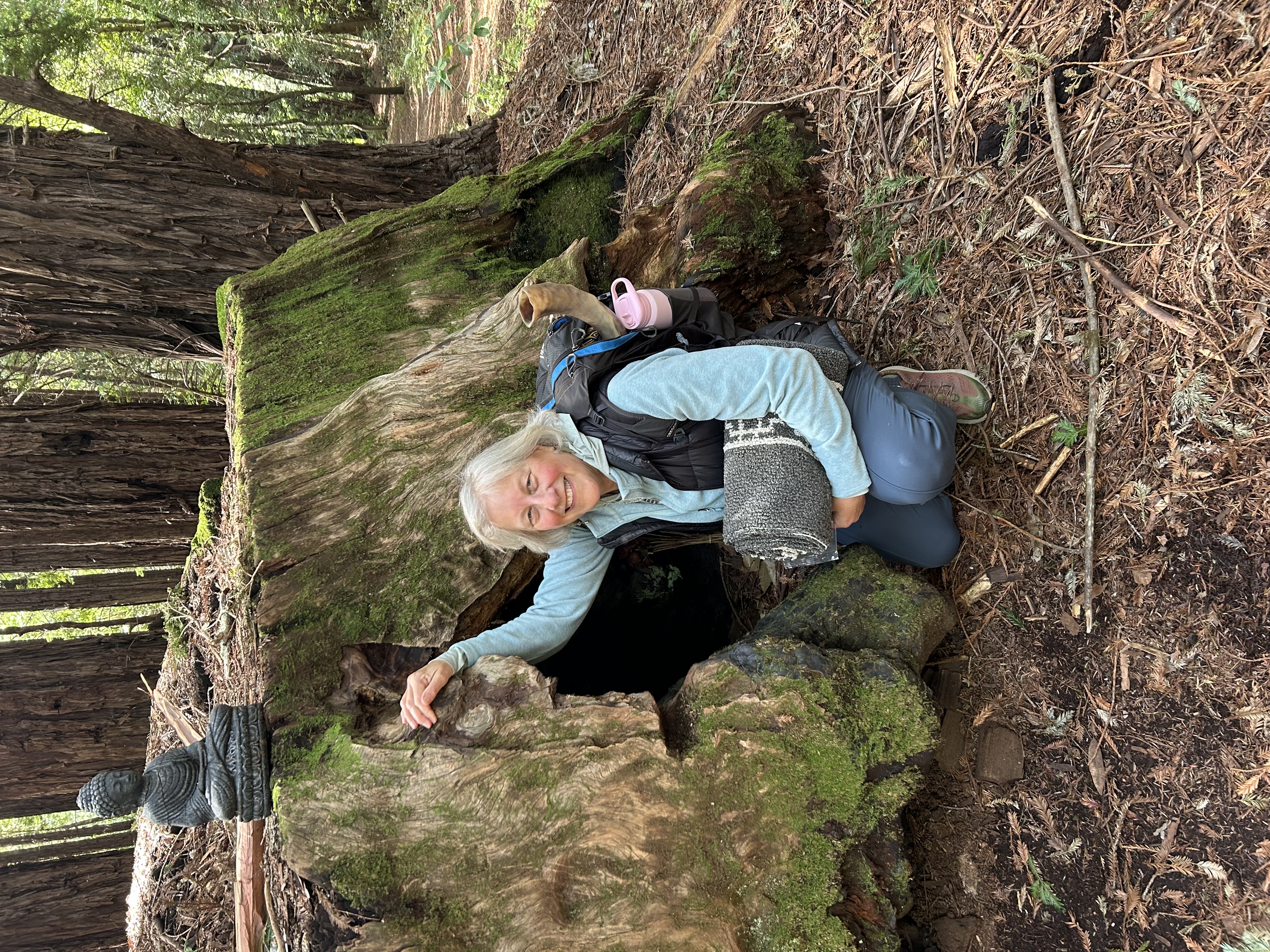 Illana at a redwood stump with a stone Buddha